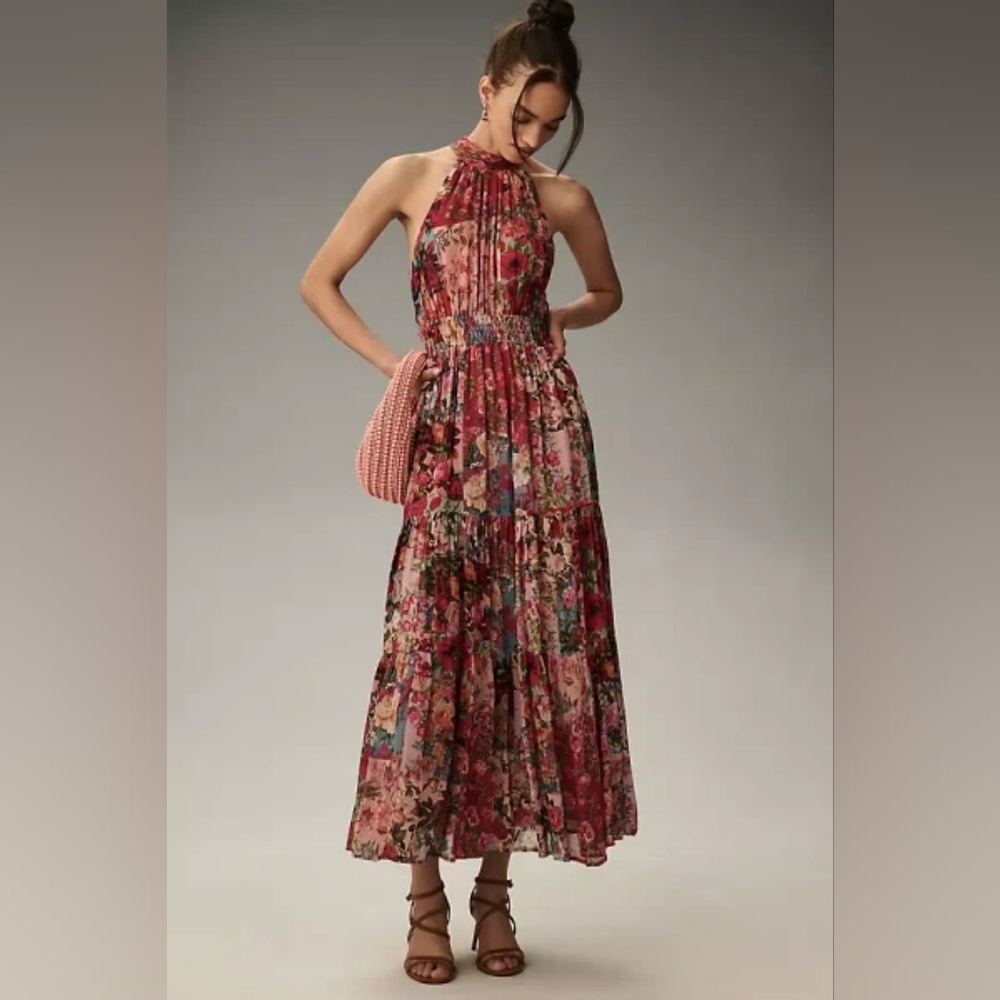 Anthropologie The Somerset Maxi Dress: The Halter Edition Floral Pink Sz M